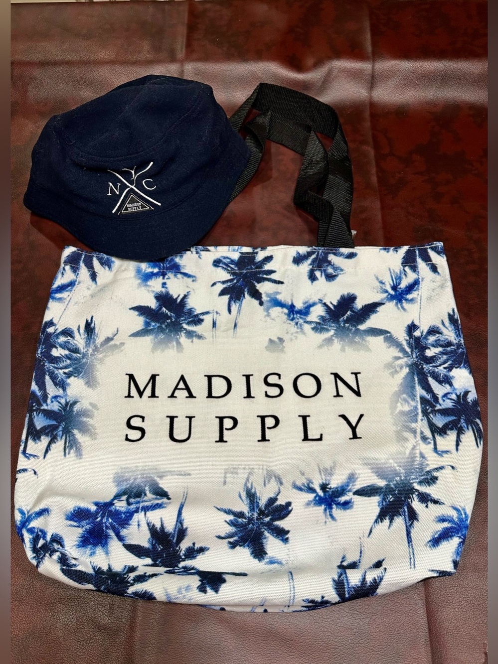 Madison Supply Blue Palm Tree Tote Bag & Matching NYC Bucket Hat Set/bundle,NWOT
